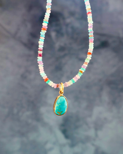 Turquoise Pendant on Rainbow Opal Chain Gold
