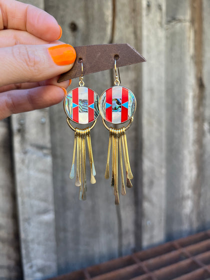 Mother of Pearl, Abalone & Coral Inlay Earring with Fringe