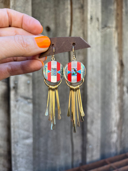 Mother of Pearl, Abalone & Coral Inlay Earring with Fringe