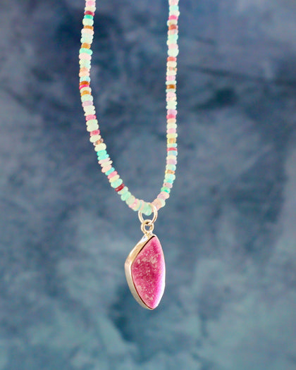 Cobalto Calcite Pendant on Rainbow Opal Chain