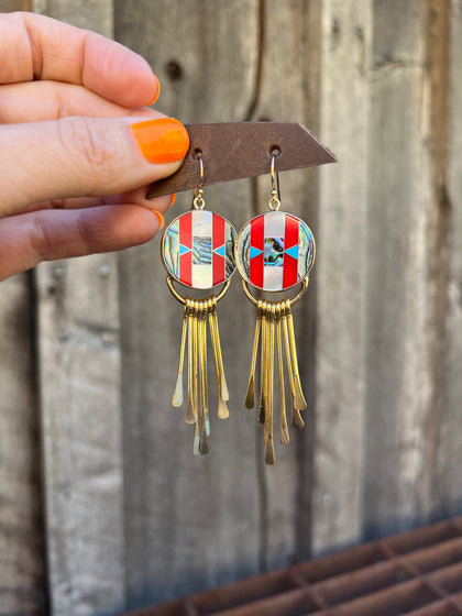 Mother of Pearl, Abalone & Coral Inlay Earring with Fringe