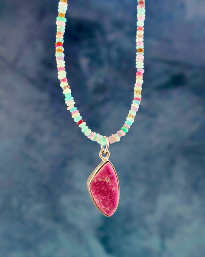 Cobalto Calcite Pendant on Rainbow Opal Chain