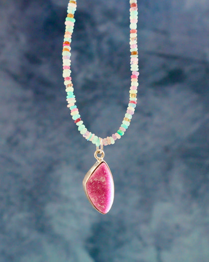 Cobalto Calcite Pendant on Rainbow Opal Chain