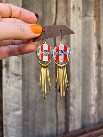 Mother of Pearl, Abalone & Coral Inlay Earring with Fringe