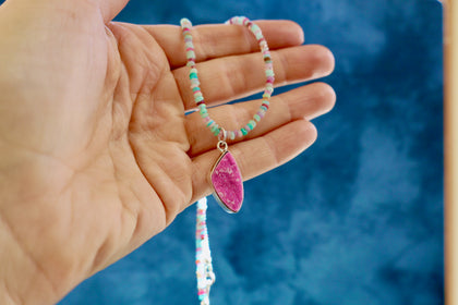 Cobalto Calcite Pendant on Rainbow Opal Chain