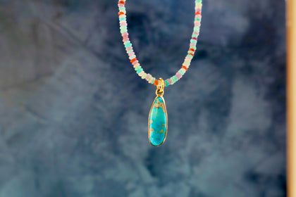 Turquoise Pendant on Rainbow Opal Chain Gold