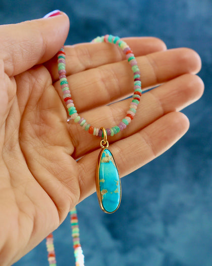 Turquoise Pendant on Rainbow Opal Chain Gold