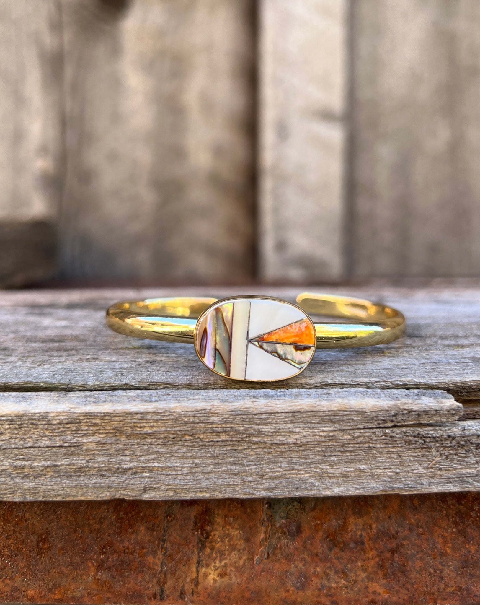 Mother of Pearl, Abalone & Coral Inlay Cuff Bracelet in Gold Alchemia