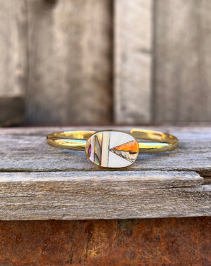 Mother of Pearl, Abalone & Coral Inlay Cuff Bracelet in Gold Alchemia