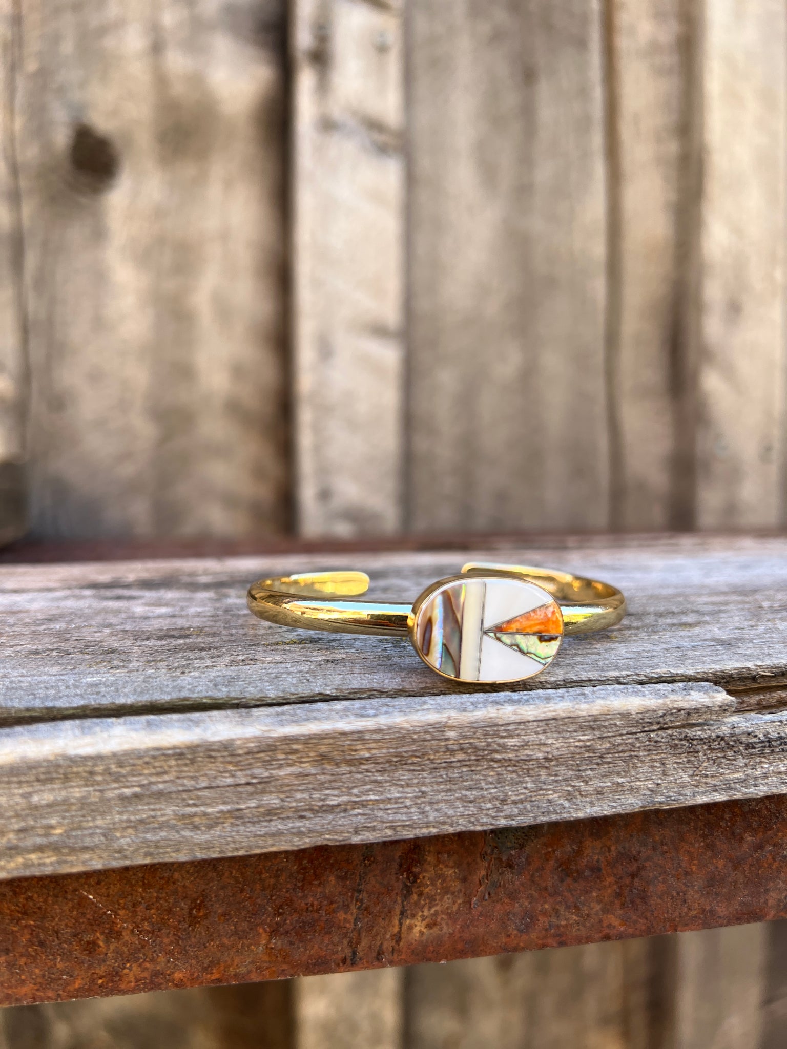 Mother of Pearl, Abalone & Coral Inlay Cuff Bracelet in Gold Alchemia
