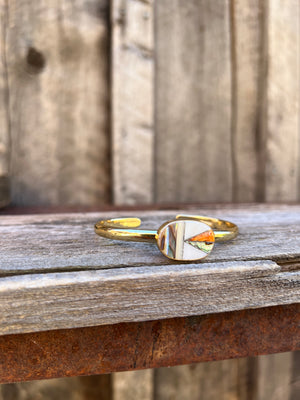 Mother of Pearl, Abalone & Coral Inlay Cuff Bracelet in Gold Alchemia