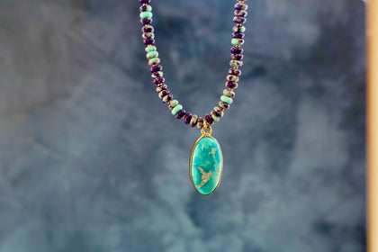Turquoise Pendant on Mojave Turquoise beaded chain Gold