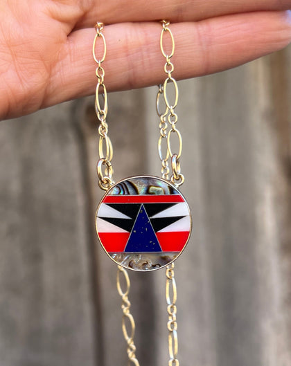 Lapis & Mother of Pearl Inlay Necklace with Gold Fill Chain
