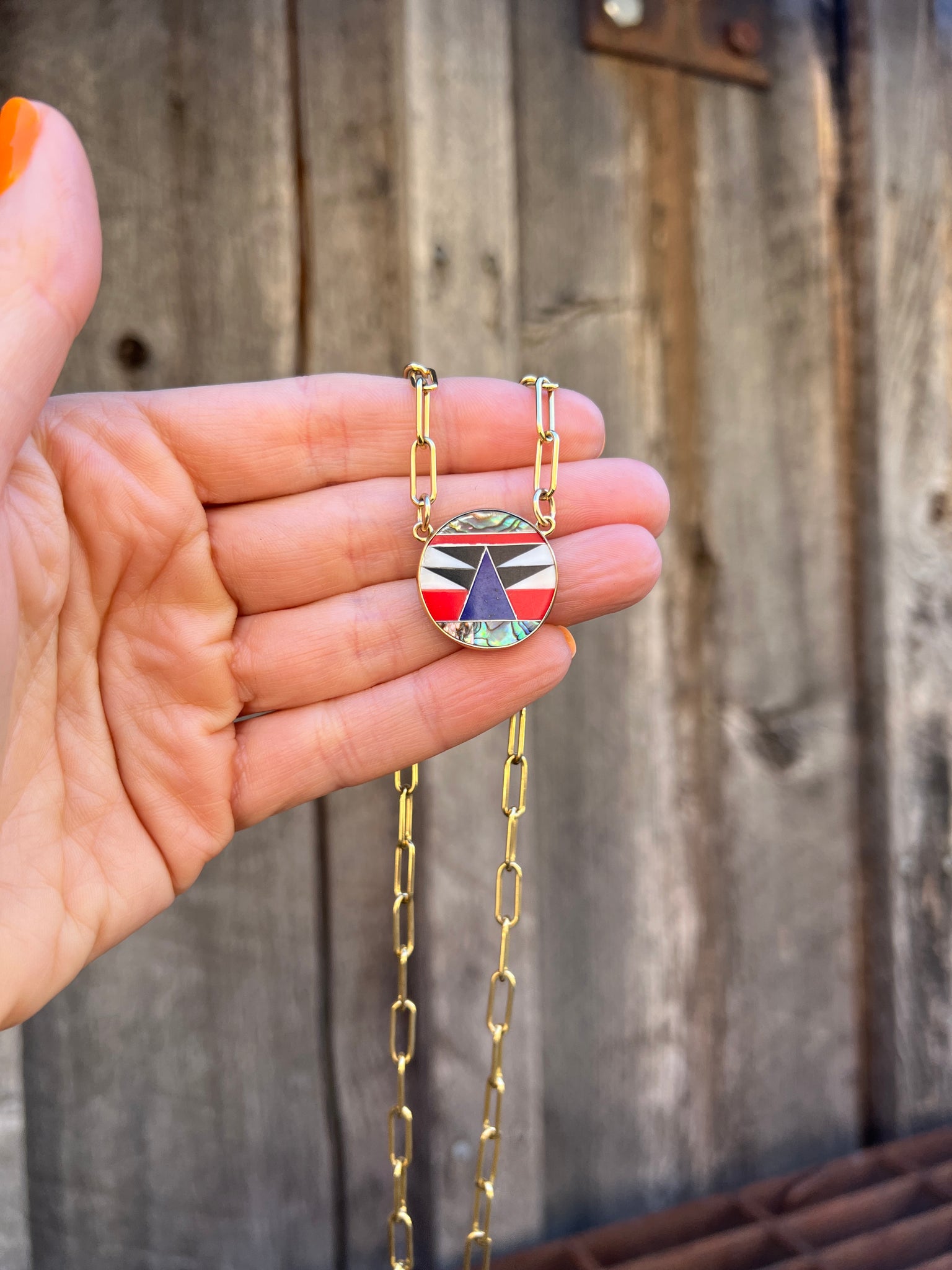 Lapis & Mother of Pearl Inlay Necklace with Gold Fill Paper Clip Chain T26