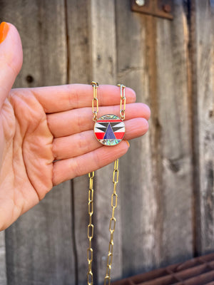 Lapis & Mother of Pearl Inlay Necklace with Gold Fill Paper Clip Chain T26