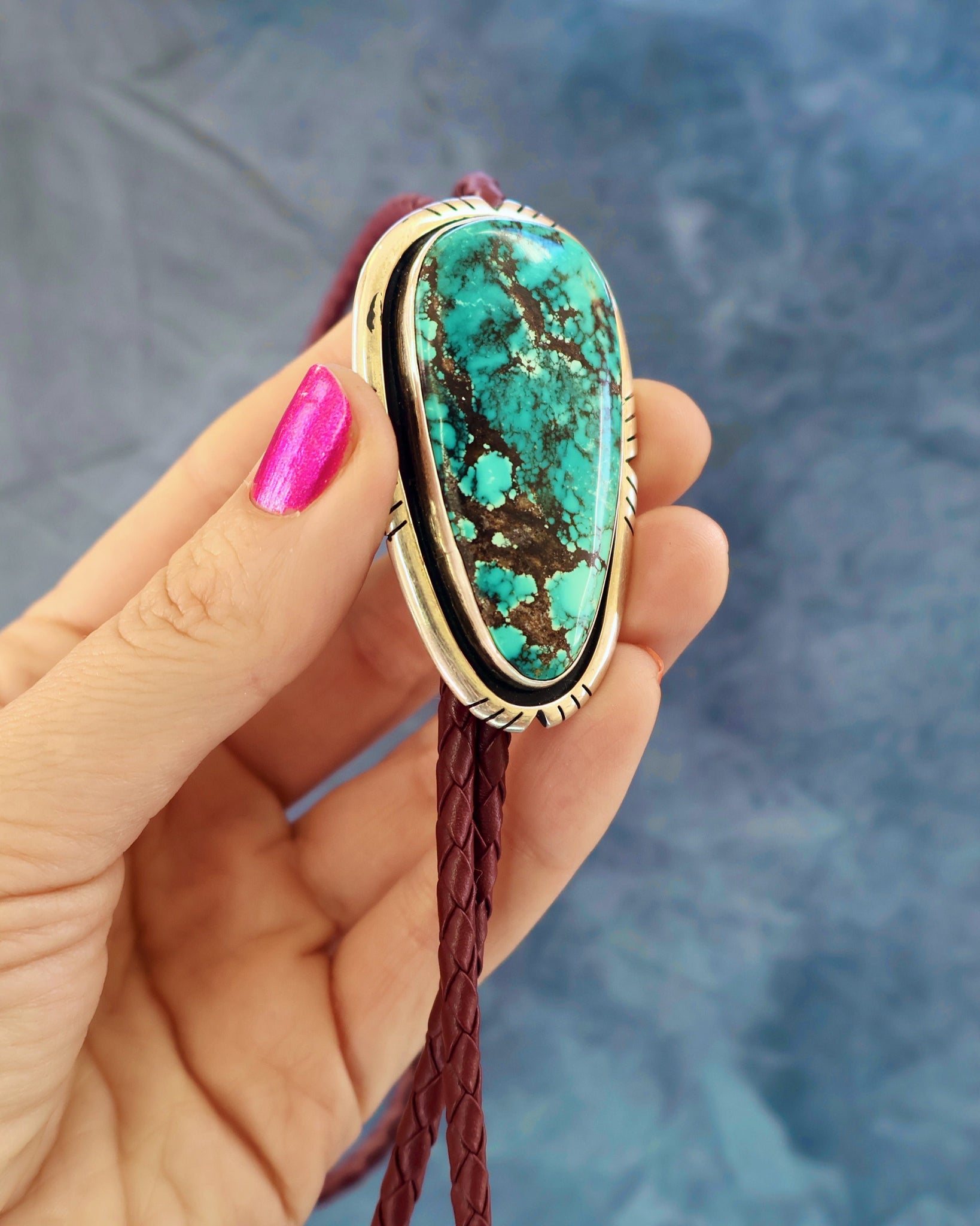 Cloud Mountain Turquoise & Sterling Silver Bolo on Ox Blood Leather H65