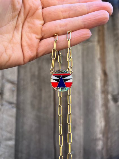 Lapis & Mother of Pearl Inlay Necklace with Gold Fill Paper Clip Chain