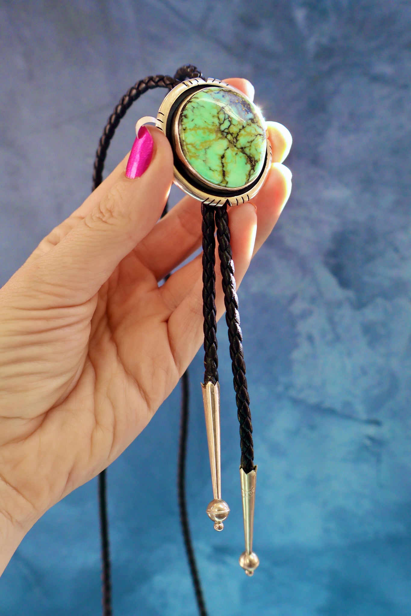 Variscite & Sterling Silver Bolo on Black Napa Leather H66