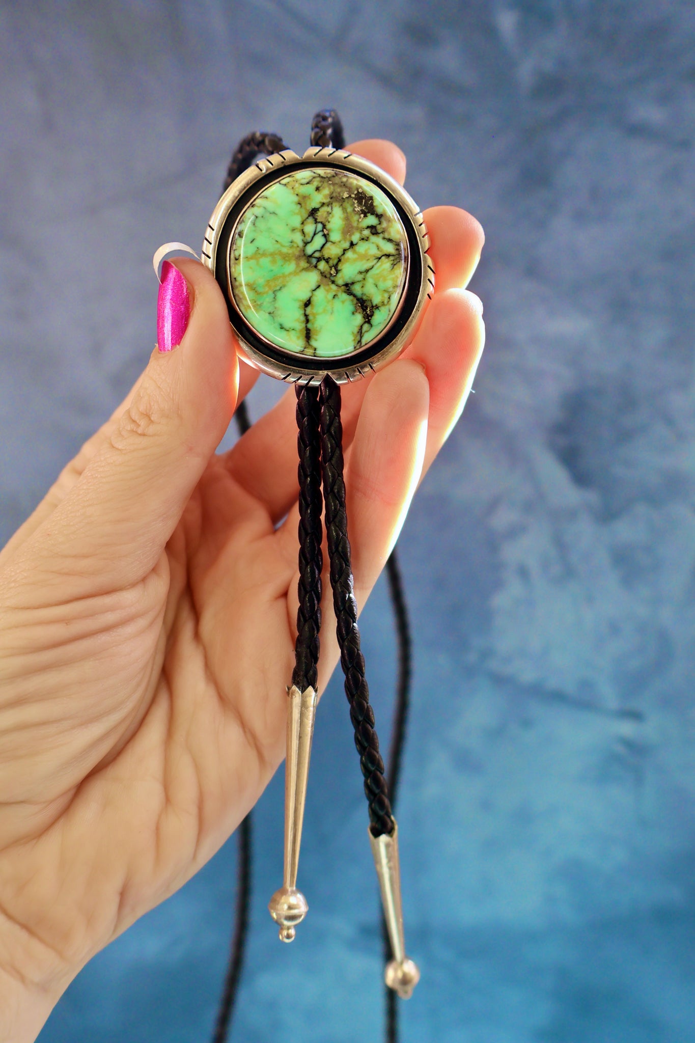 Variscite & Sterling Silver Bolo on Black Napa Leather H66