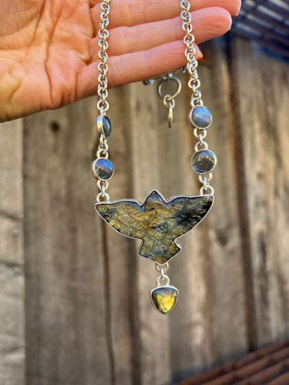 Stunning Labradorite bird necklace set in Sterling Silver with thick chain & toggle clasp