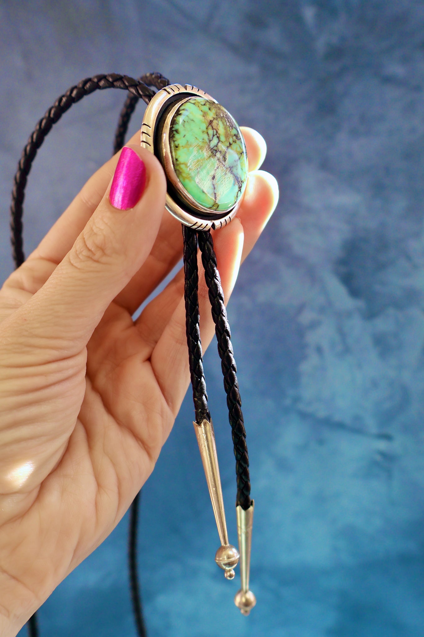 Variscite & Sterling Silver Bolo on Black Napa Leather H66