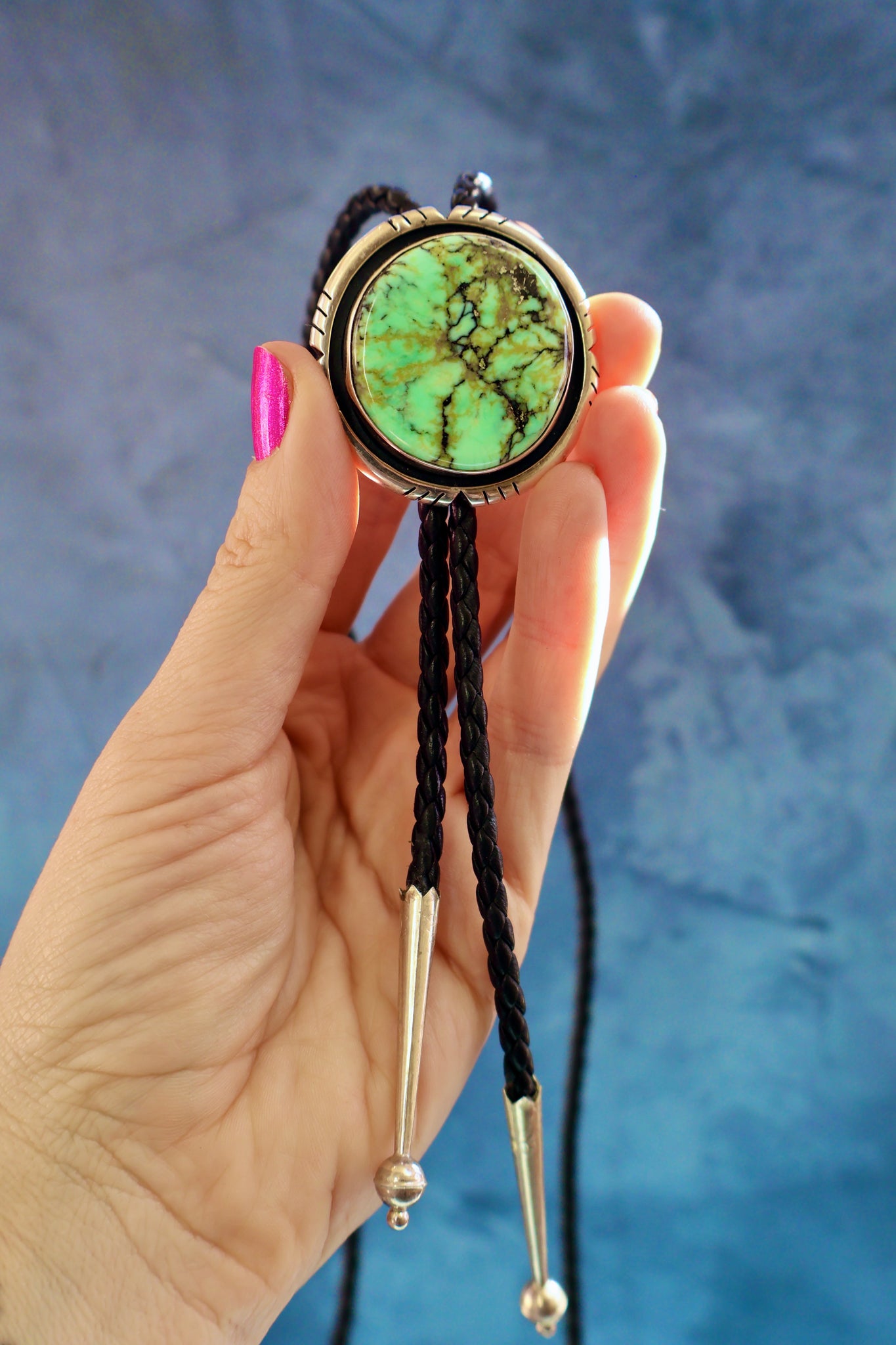 Variscite & Sterling Silver Bolo on Black Napa Leather H66
