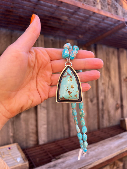 Cloud Mountain Turquoise Shadow Box Necklace on Kingman Turquoise Beaded Chain