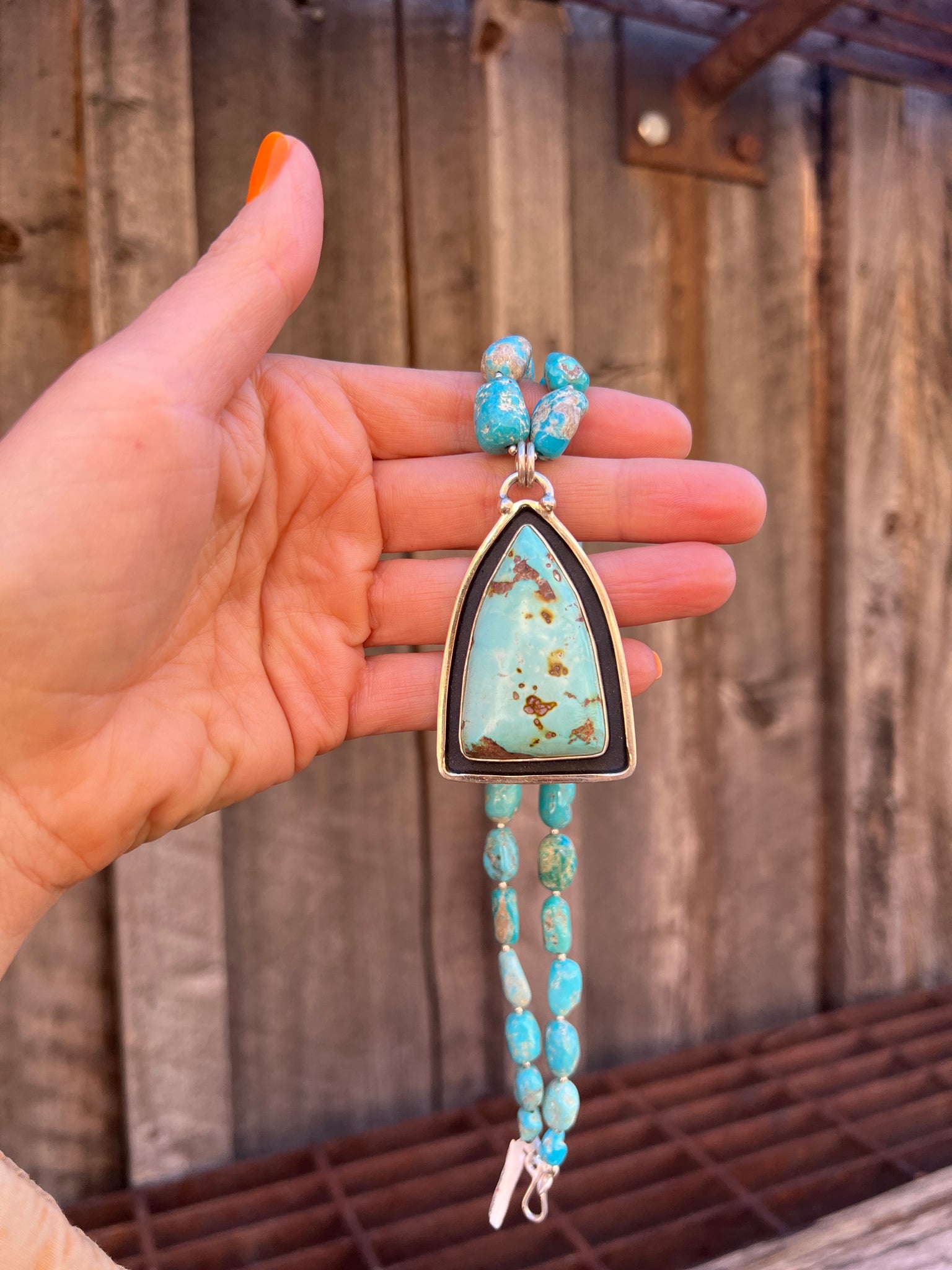 Cloud Mountain Turquoise Shadow Box Necklace on Kingman Turquoise Beaded Chain T28