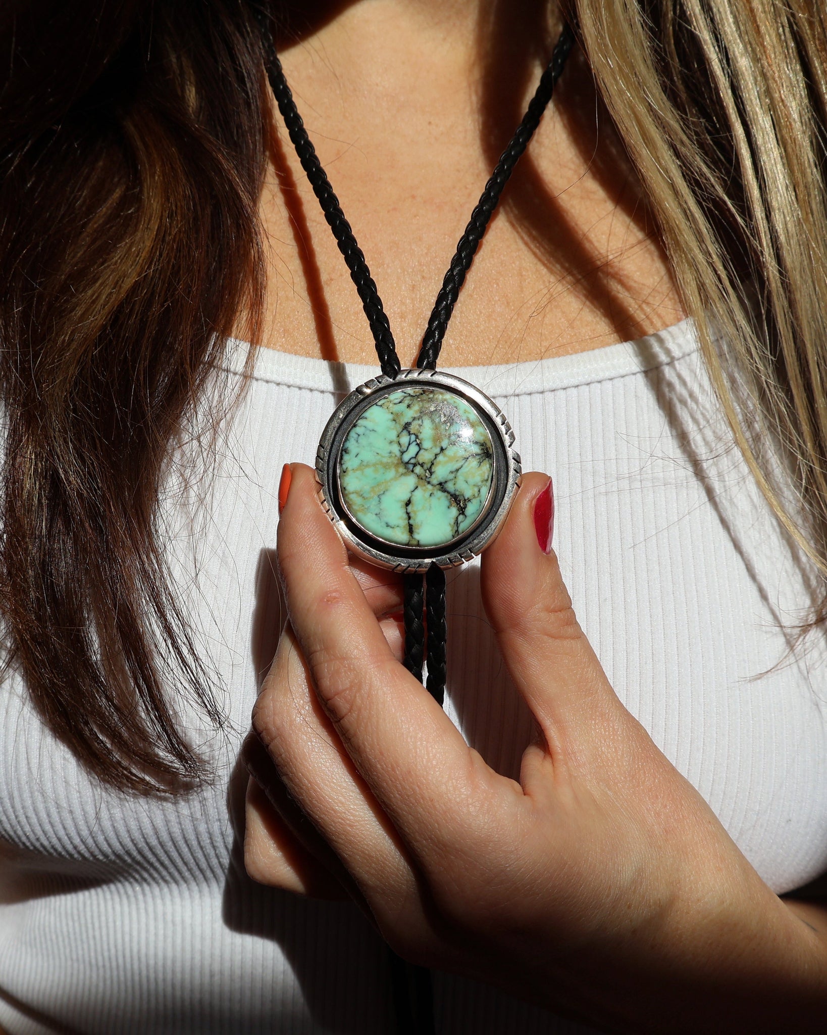 Variscite & Sterling Silver Bolo on Black Napa Leather H66