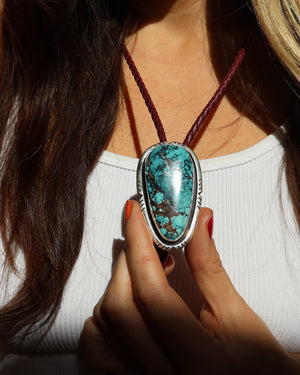Cloud Mountain Turquoise & Sterling Silver Bolo on Ox Blood Leather H65
