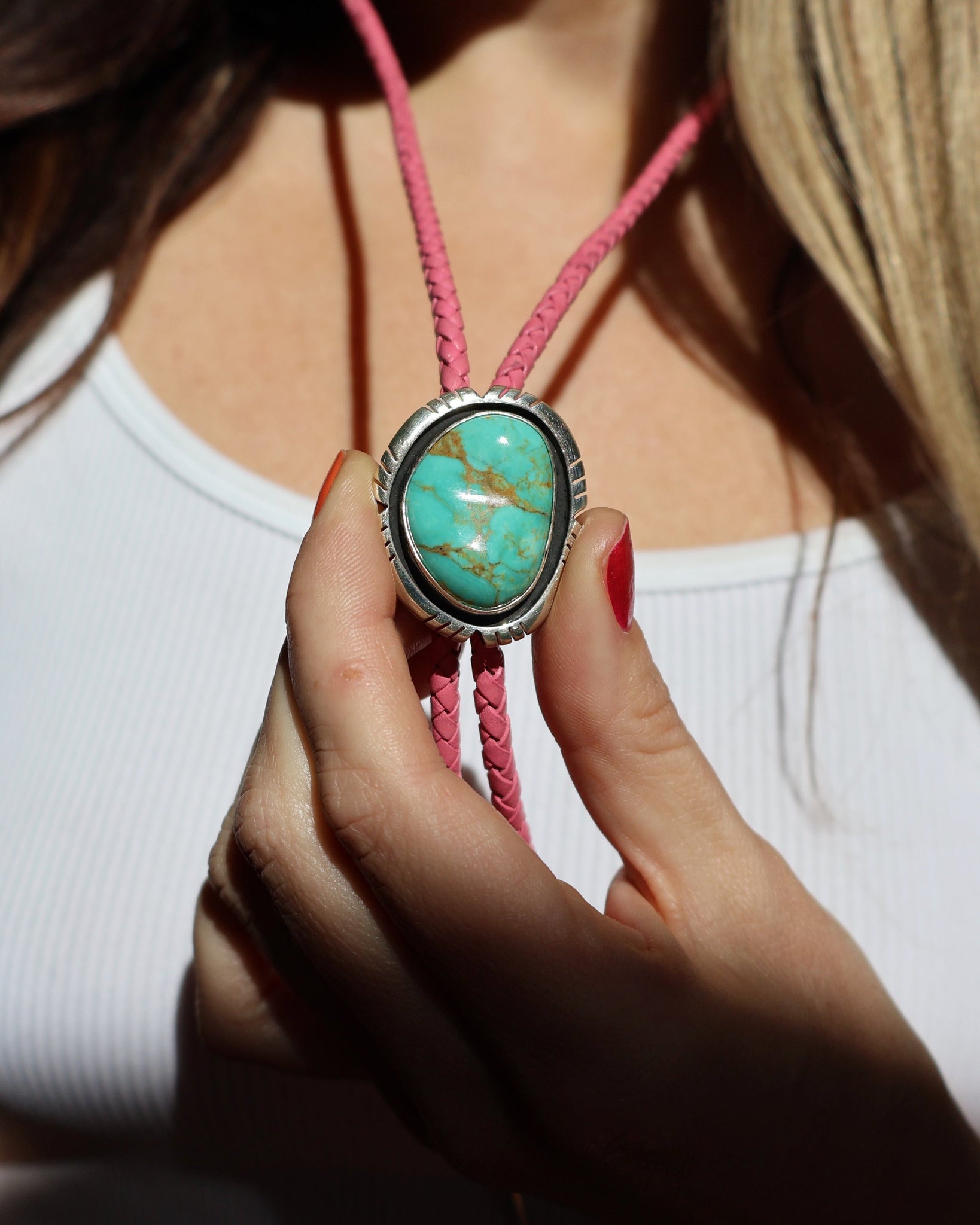 Campitos Turquoise & Sterling Silver Bolo on Pink Leather H67
