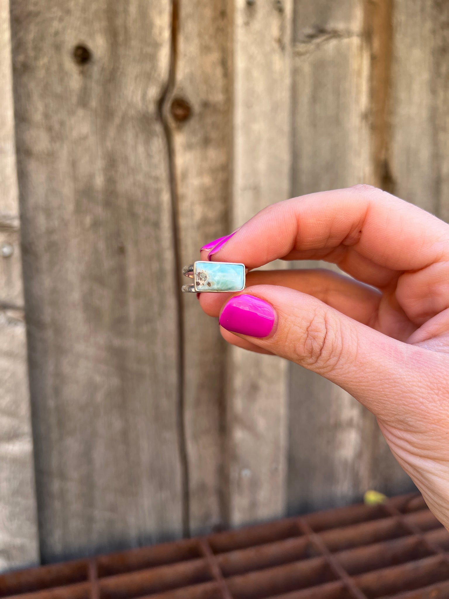 Larimar &  Gold Sterling Silver Adjustable Double Band Signet- Style Ring T20