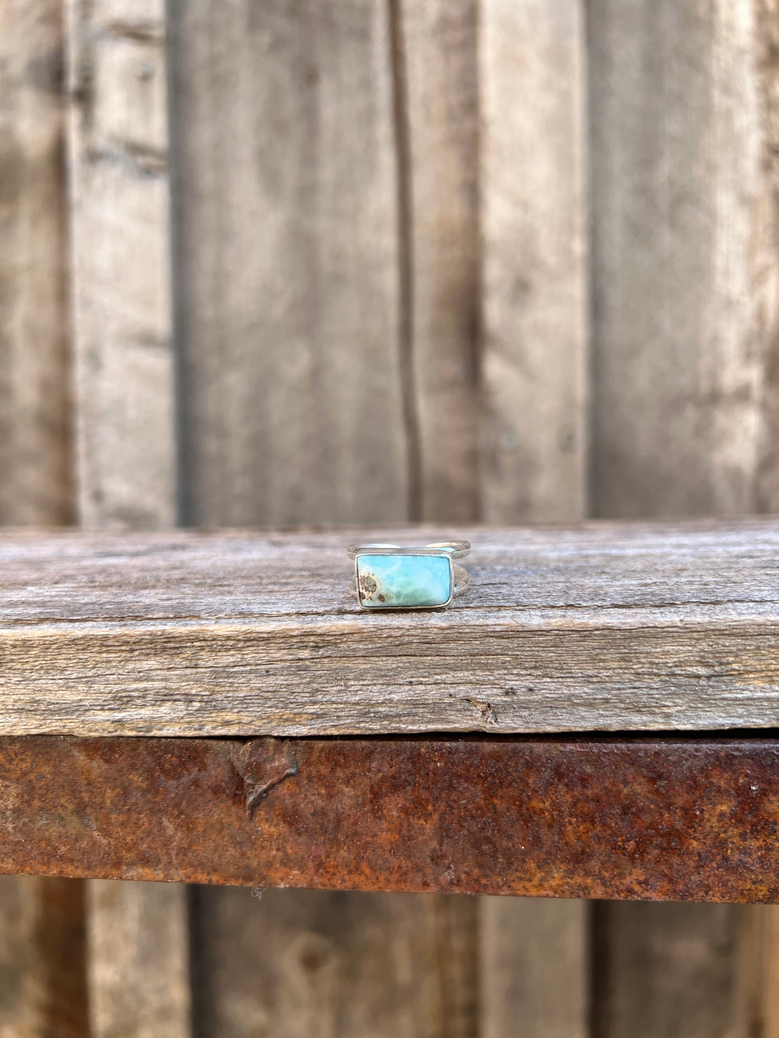 Larimar &  Gold Sterling Silver Adjustable Double Band Signet- Style Ring T20