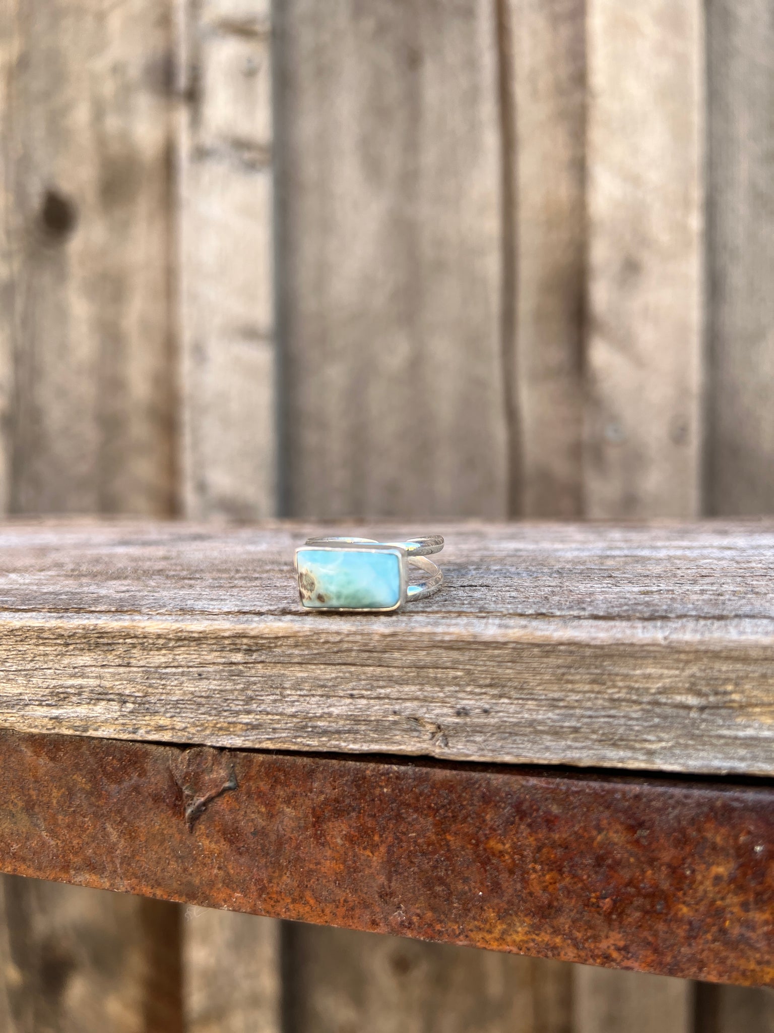 Larimar &  Gold Sterling Silver Adjustable Double Band Signet- Style Ring T20