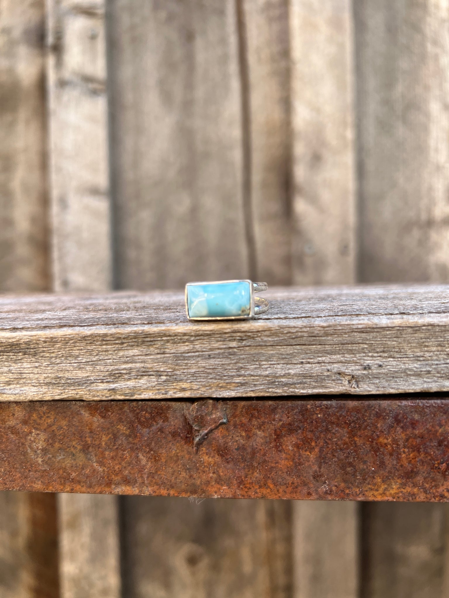 Larimar & Sterling Silver Adjustable Double Band Signet- Style Ring T21