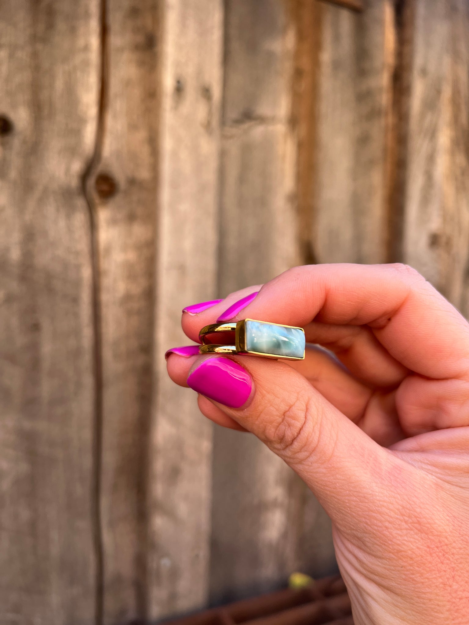 Larimar & Gold Alchemia Adjustable Double Band Signet- Style Ring T22
