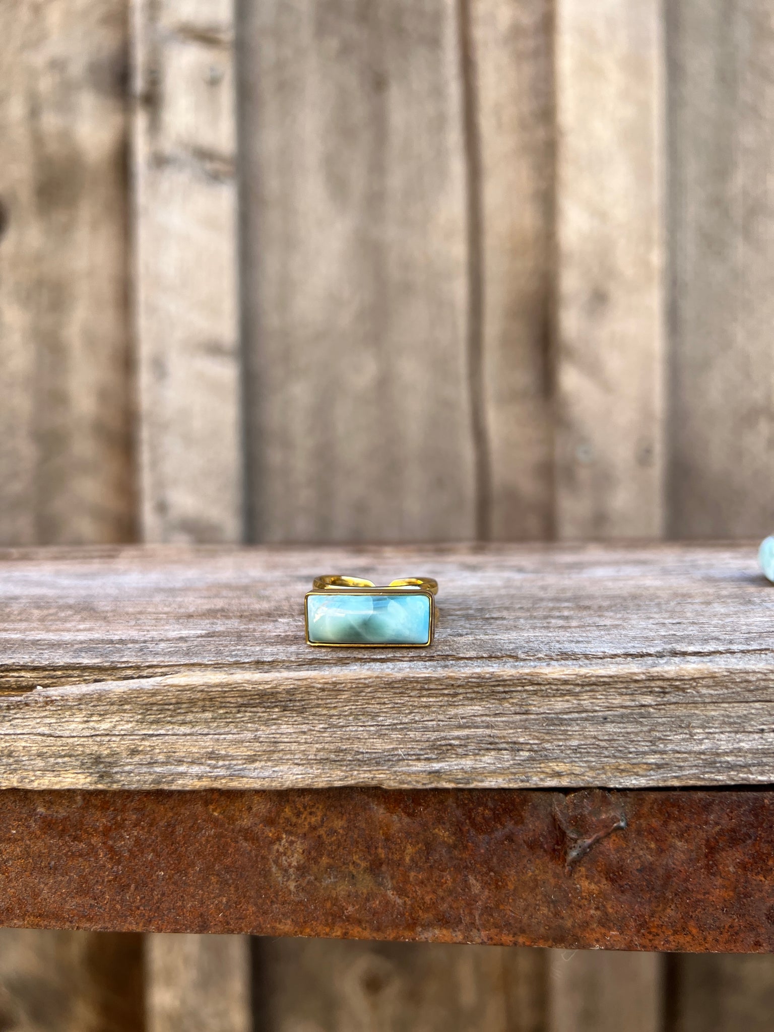 Larimar & Gold Alchemia Adjustable Double Band Signet- Style Ring T22