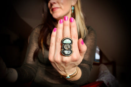 "Quantum Symbols" Triple Stone Variscite & Pyrite Ring in Gold Alchemia- Adjustable