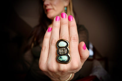 "Quantum Symbols" Triple Stone Variscite & Pyrite Ring in Gold Alchemia- Adjustable