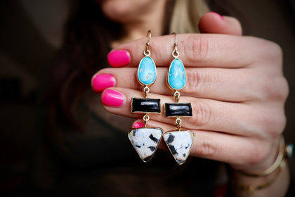 "Lunar Relic" Earrings Turquoise, Onyx and White Buffalo in Gold Alchema