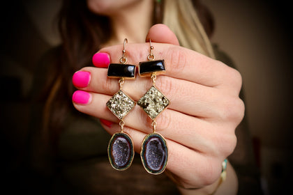 "Lunar Relic" Earrings Pyrite, Onyx and Geode in Gold Alchema
