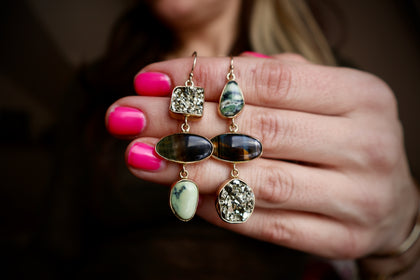 "Lunar Relic" Earrings Pyrite, Variscite and Pietersite in Gold Alchema