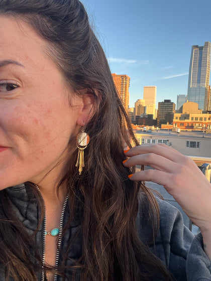 Mother of Pearl, Abalone & Coral Inlay Earring with Fringe