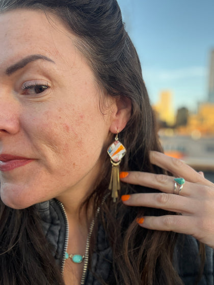 Mother of Pearl, Abalone & Coral Inlay Earring with Fringe