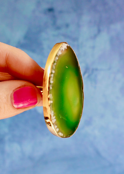 Green Agate Slice Adjustable ring in Gold Alchemia