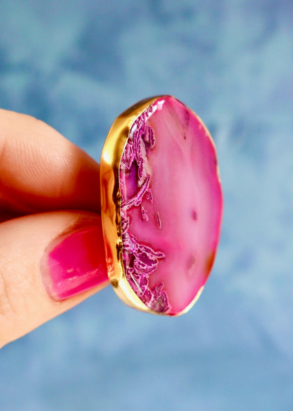 Pink Agate Slice Adjustable ring in Gold Alchemia