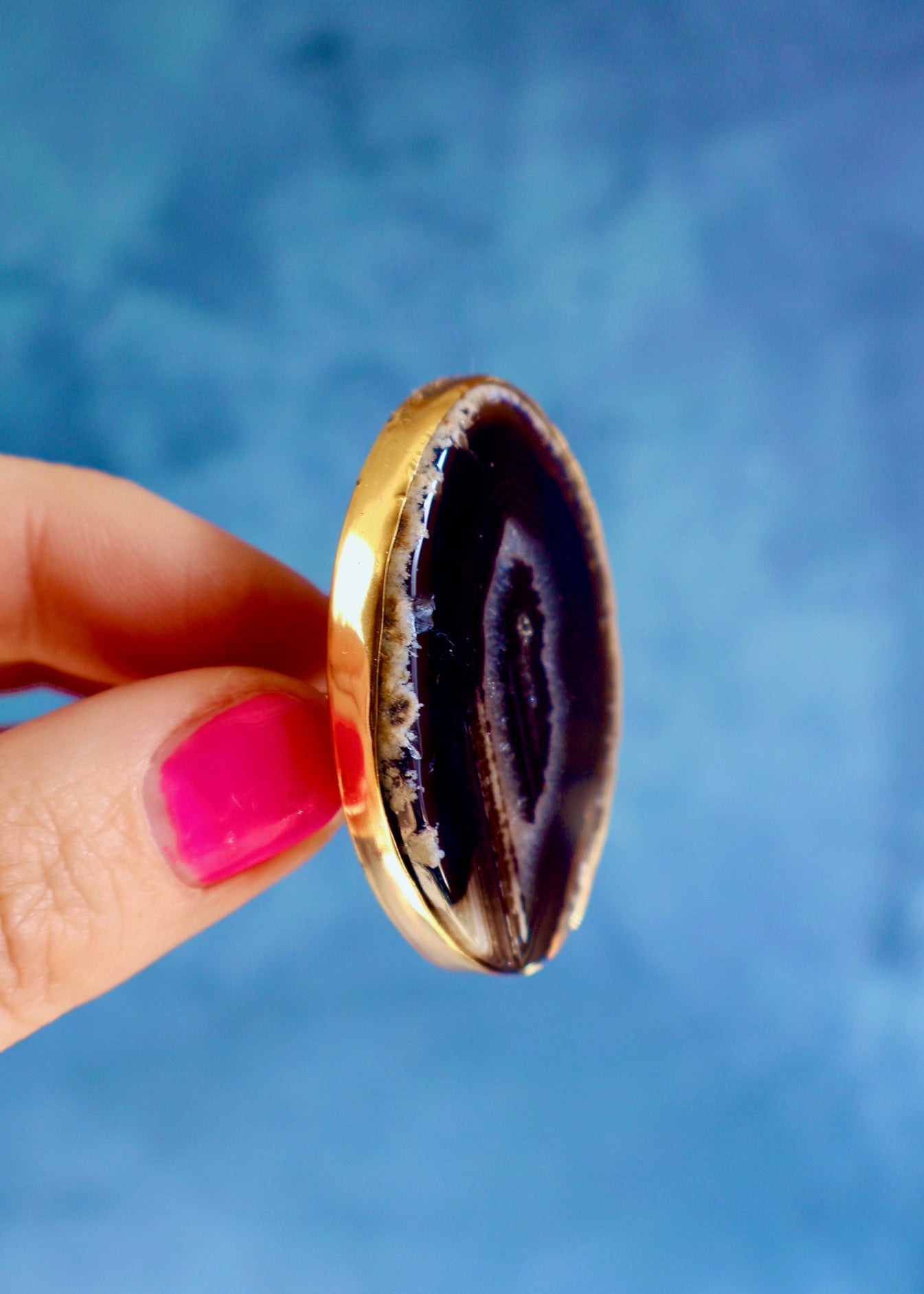 Black Agate Slice Adjustable ring in Gold Alchemia