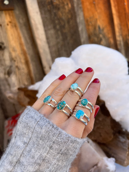 Sterling Silver & White Water Turquoise Double Band Ring Adjustable Size