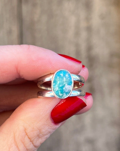 Sterling Silver & White Water Turquoise Double Band Ring Adjustable Size