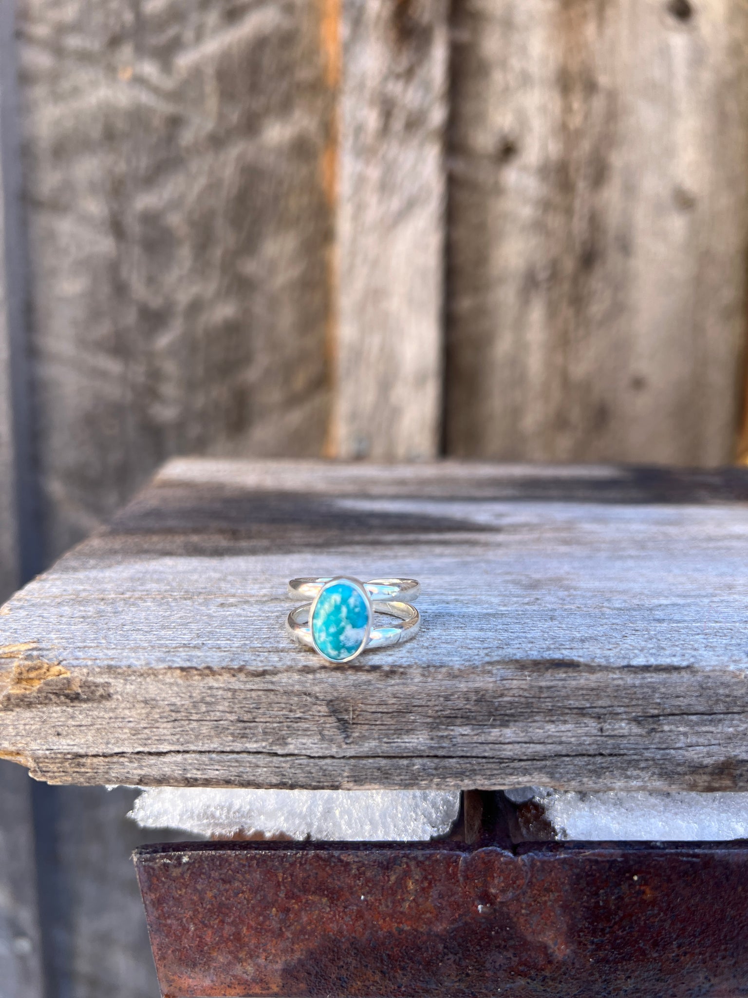 Sterling Silver & White Water Turquoise Double Band Ring Adjustable Size G7